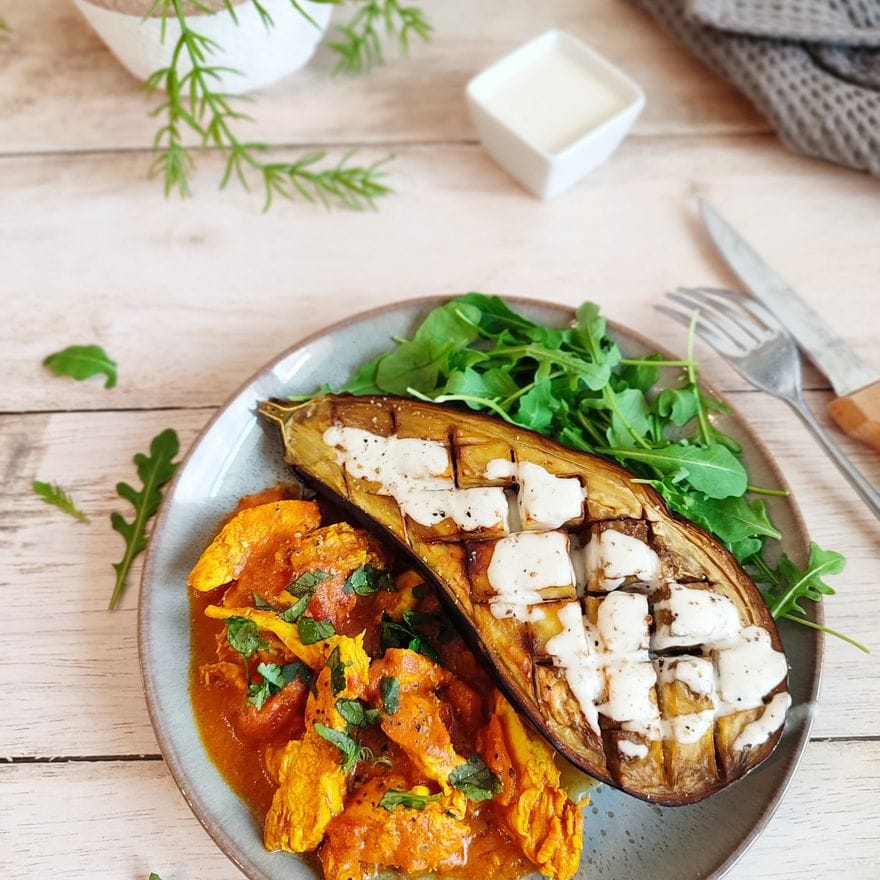 Aubergine sauce tahini et poulet aux épices IG bas
